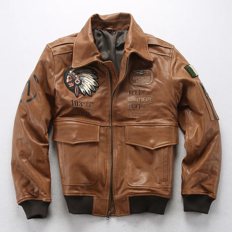 Factory 2024 Men Embroidery Indian Skull Air force flight A1 Pilot Sheepskin Jacket Casual Wool collar Real leather jacket