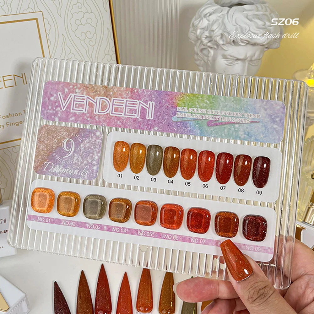 Vendeeni TPO FREE 9 Farben/Set Orange Glitzer Gebrochener Diamant Gel-Nagellack Herbst-Ahornblatt UV-LED-Gel-Lack mit Display – Detail 6