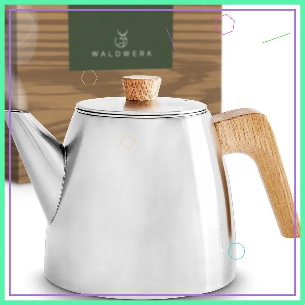 

Double Wall Stainless Steel Teapot with Infuser - Heat Insulated & Drip Free - Oak Wood Handle for Loose Tea