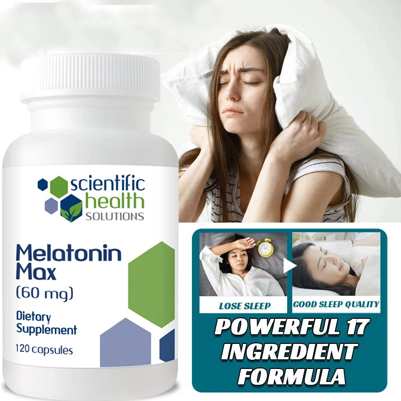 Alta Dose de Melatonina, Cápsulas fáceis de engolir, Vegetariano, Sem OGM, Sem Frango, 60 Mg