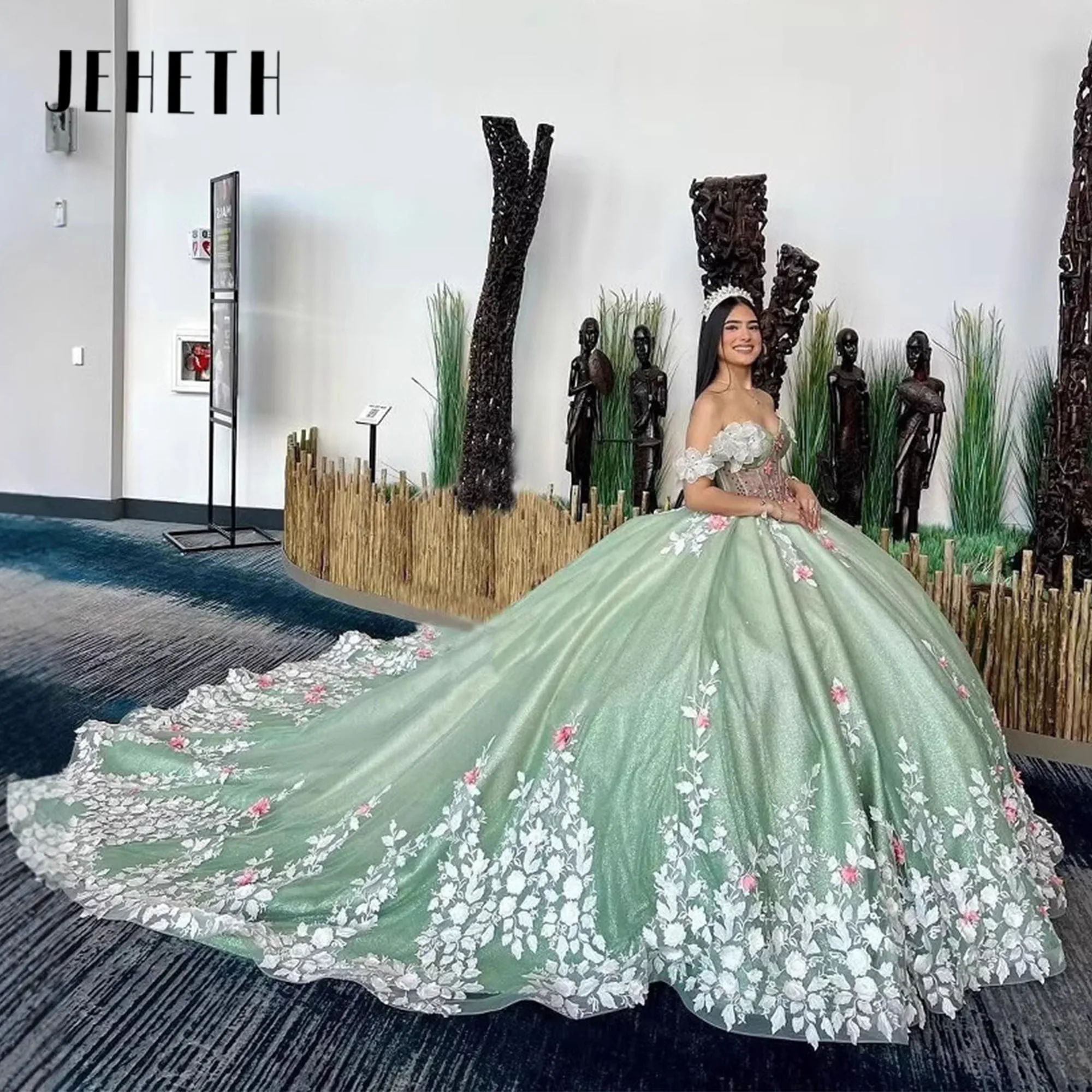 Jeheth sage verde quinceanera vestido 3d floral applique princesa vestido de baile renda tule miçangas aniversário pageant doce 16 vestido