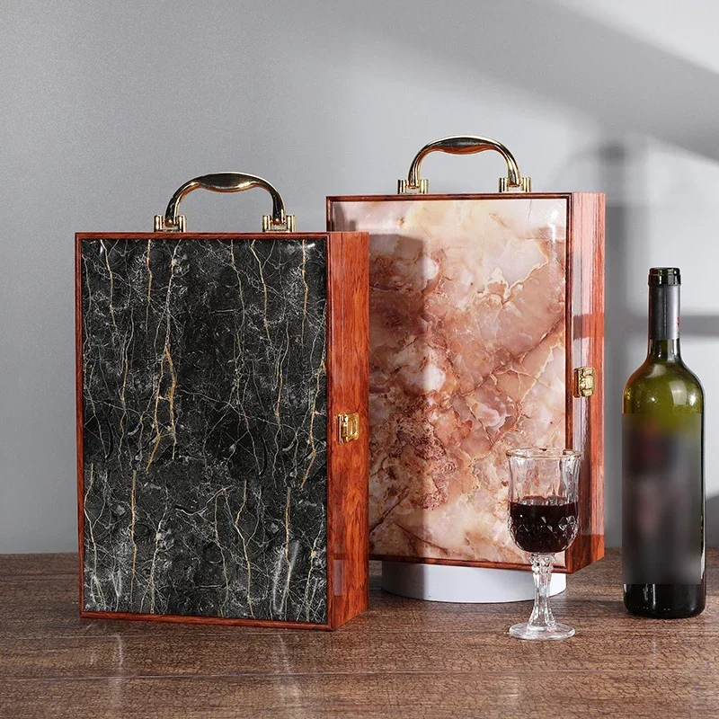 

Luxury Marble Pattern Double Red Wine Box Retro Wooden Wine Box Organizer Champagne Storage Gift Box Bottle Packag With Handle