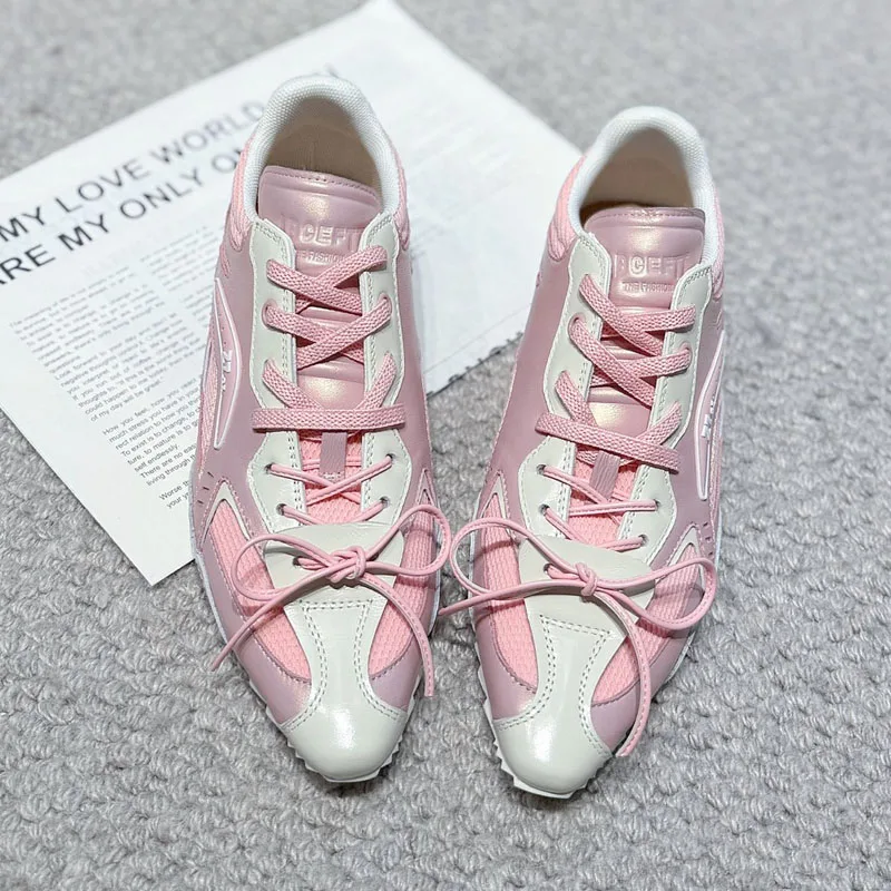 Genuine Leather Mixed Color Sneakers Mesh Fashion High Quality Women's Casual Shoes Butterfly Knot Street Cross Straps Pump