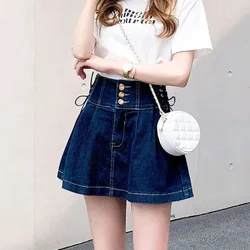 High Waisted Denim Short Skirts Women 2025 New Korean Fashion Lace-Up A-Line Skirt Ladies Streetwear All-Match Pleated Skirts
