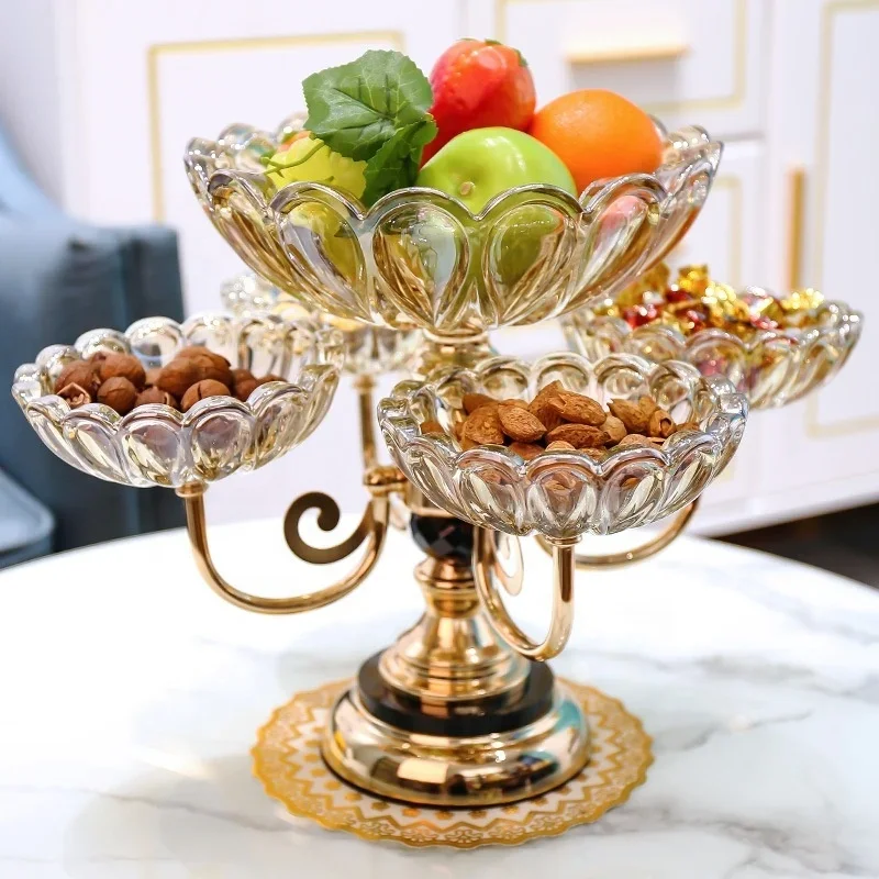 Modern round  2 and 3 layer  glass fruit decorative tray with copper stand  crystal candy plate 360 degree rotating fruit plate