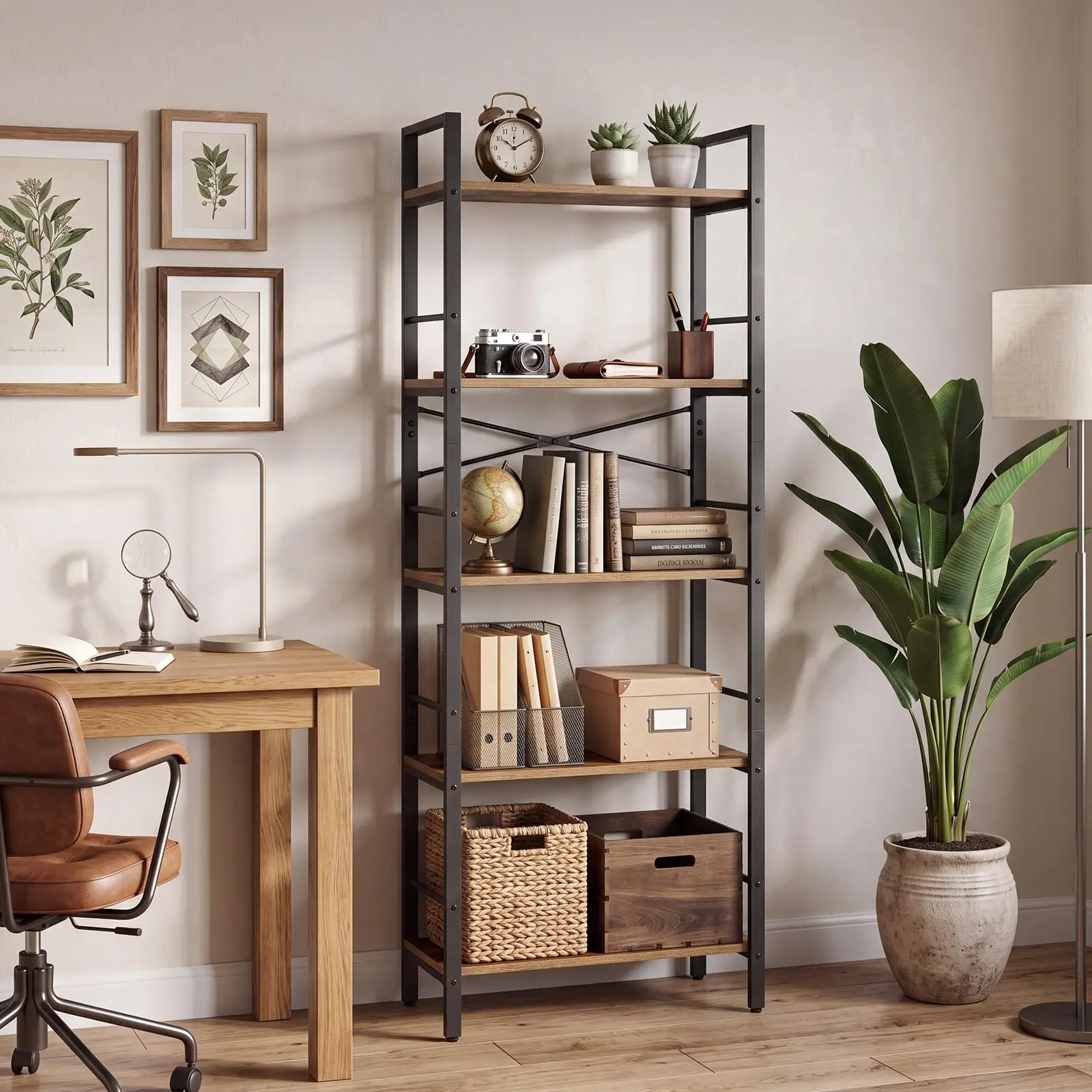 67 Inch 5 Tier Arched Bookshelf Industrial Metal Wood Bookcase With X Frame Side Rails Tall Open Storage Shelf For Living Room Bedroom Home Office