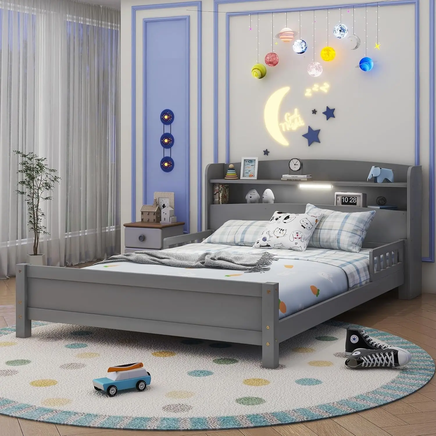 

Детская кровать полноразмерная с LED-подсветкой и изголовьем с отсеком для хранения, деревянная кровать-платформа с LED-подсветкой с датчиком движения, на заказ