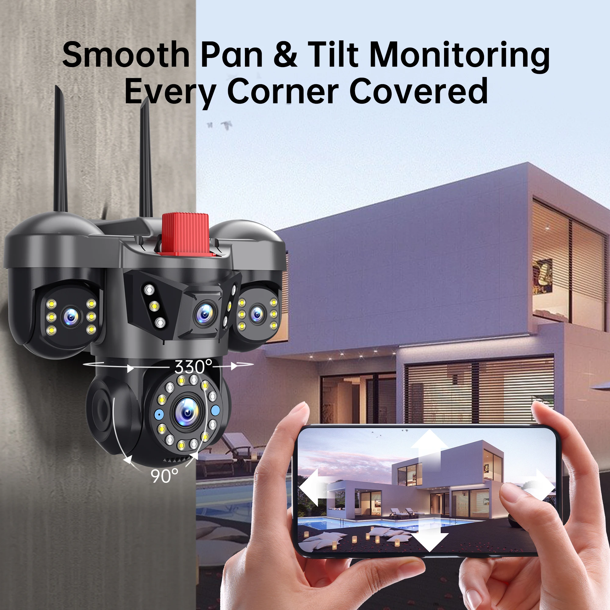 كاميرا واي فاي خارجية 10K 20MP لأمن المنزل، 4 عدسات، 4 شاشة 360 درجة °   16X Zoom CCTV كاميرا مراقبة لاسلكية PTZ حماية أمنية