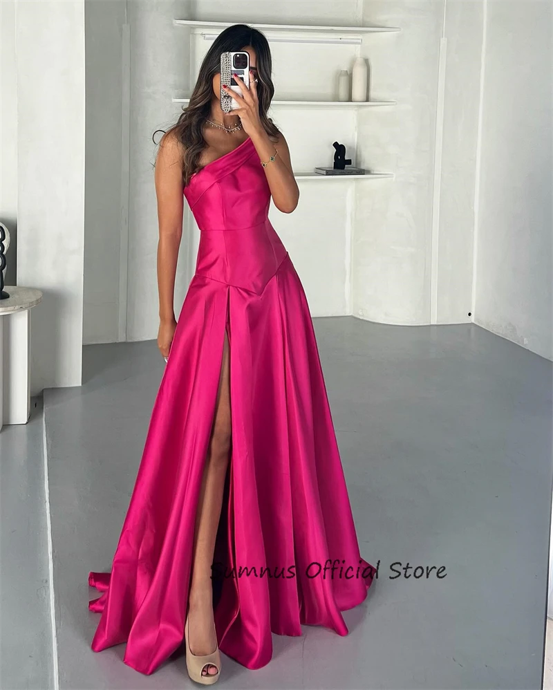 Sumnus fuschia cetim princesa vestido de noite longo a linha um ombro sem mangas até o chão elegante festa de formatura vestido personalizado