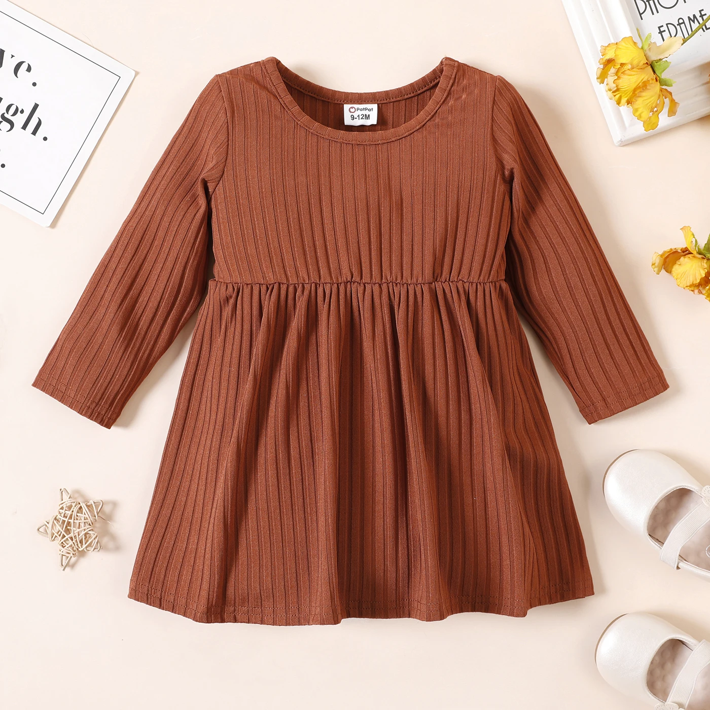 PatPat Baby Girl Ribbed Brown/White Butterfly Print Long-sleeve Dress Perfect for Outings and Daily Wear Basic Style