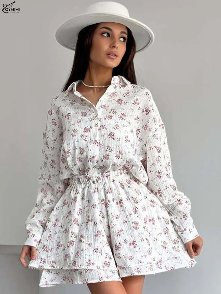 

Oymimi Casual White Print Woman 2 Piece Set Outfit Fashion Long Sleeve Single Breasted Shirts And High Waist Loose Shorts Sets