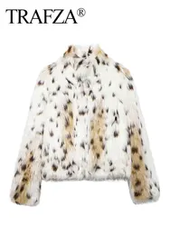 TRAFZA Faux Fur Texture Jacket For Women Light Colored Leopard Print Coat Loose Plush Outerwear Top New Winter Jacket For Women