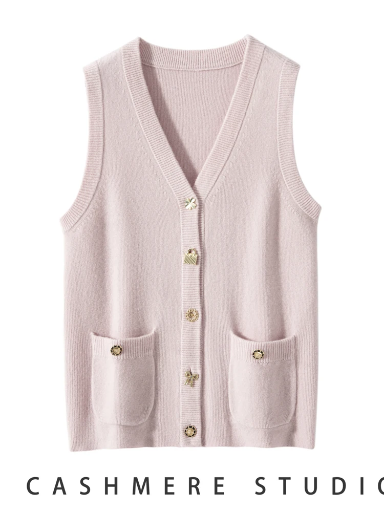 Luxury Style Women Cashmere Waistcoat Metal Buttons V-neck Sleeveless Cardigan Autumn Winter 100% Cashmere Sweater Office Lady