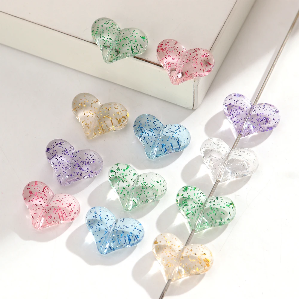 10pcs Cute Clear Glitter Acrylic Heart Beads Colorful  foil Love Heart Bead for Diy Jewelry Bracelets Necklace Marking