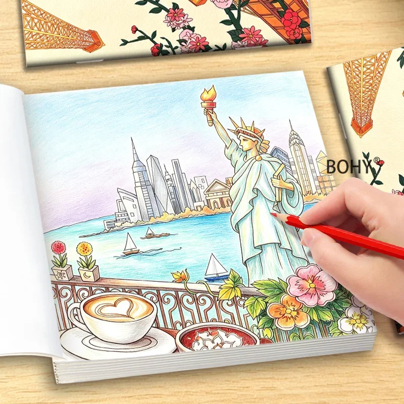 1 Adult Soothing and Stress Relieving Landscape Coloring Album, Featuring Line Drafts of World Landmark Buildings Total 24 Pages