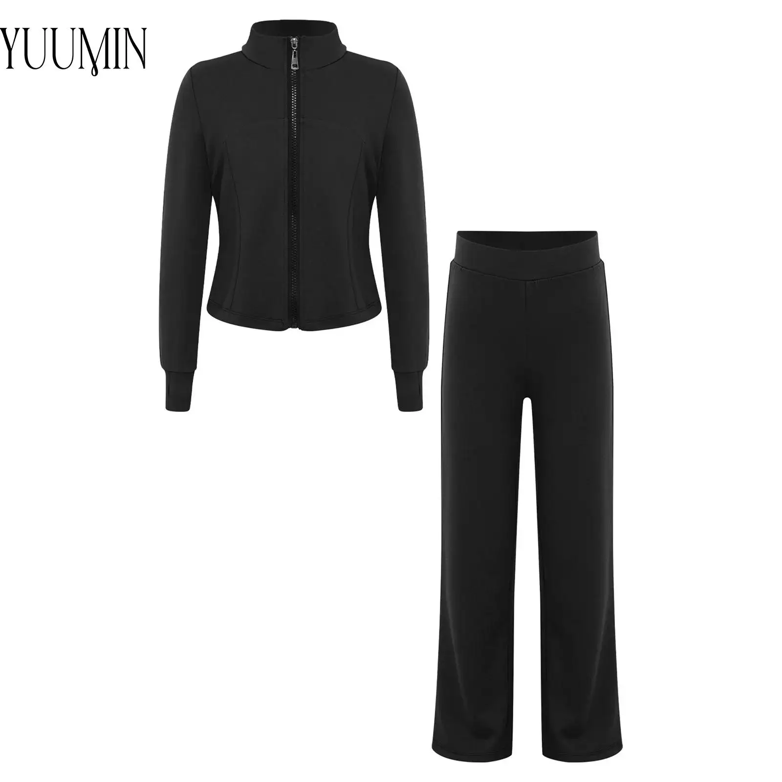 Kids Girl Lyrical Modern Dance Practice Outfit Sports Set Long Sleeves Thumbholes Jacket with Pants for Workout Exercise Running
