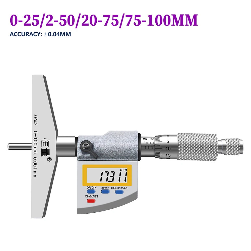 

IP65 Waterproof Digital Display Depth Micrometer Measuring Range 0-100mm Electronic Micrometer 4 Specifications Replacement