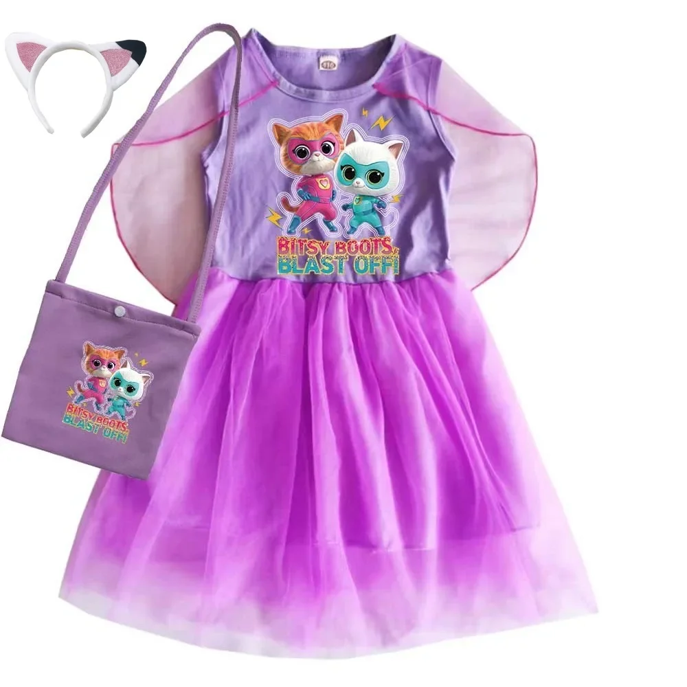 

2024 Summer Cute SuperKitties Kids Super Cat Dress Baby Girls Mesh Princess Vestidos Toddler Girl Birthday Party Dresses Bag Set