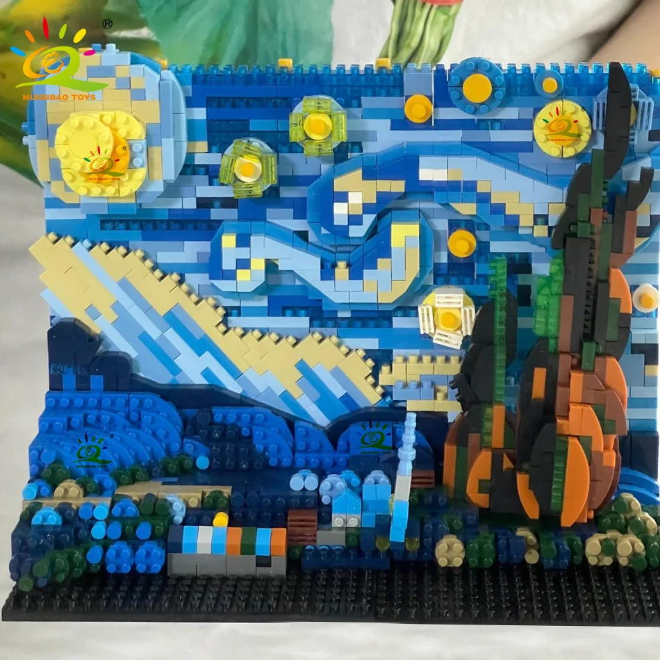 HUIQIBAO 1830Pcs Creative Famous Paintings The Starry Night MOC Building Blocks City Drawing Picture Bricks Toys for Children