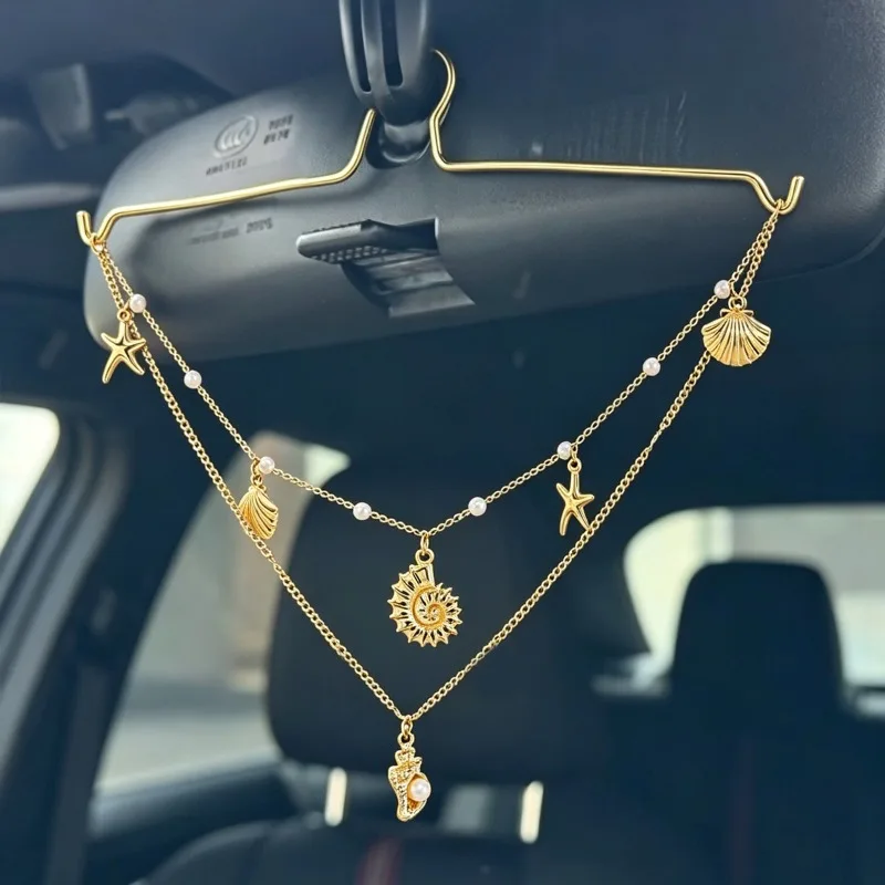 Bohemian Car Rearview Mirror Hanging Ornament Gold Color Sun Moon Star Charms with Color Beads Faux Pearl Auto Interior Decor