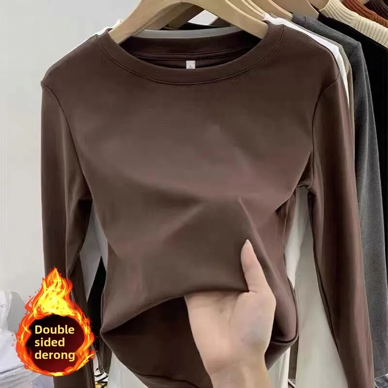 Afashion Women's round Neck Base Shirt 2026 Autumn Winter New Style Pure Color Slim Fit Inner Wear Fleece Thick Long Sleeve Top