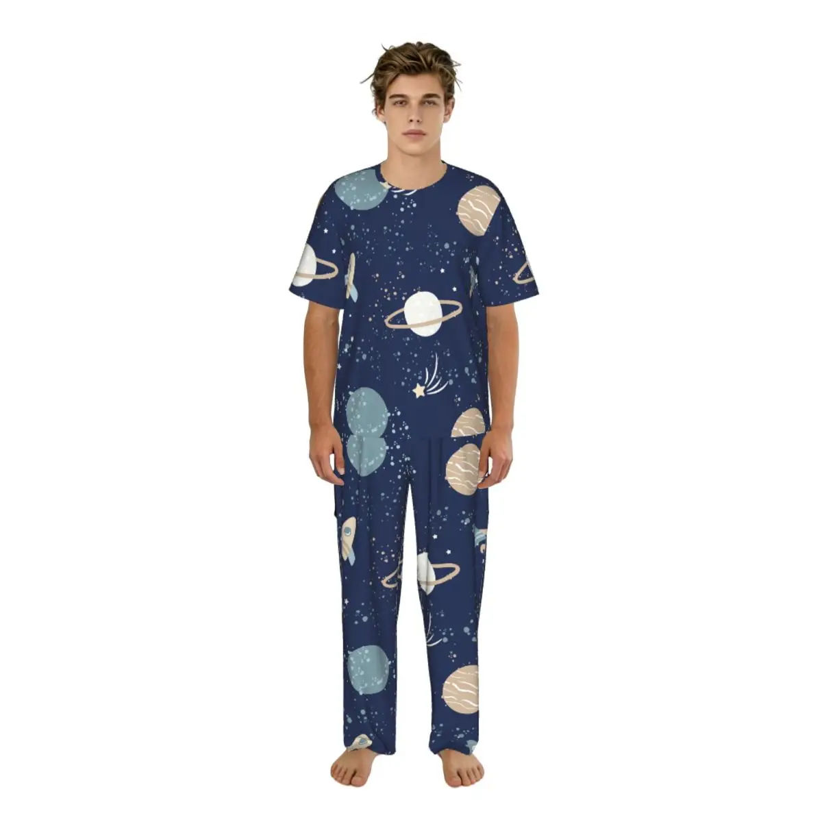 

Men's Casual Pajamas Sets Short Sleeve and Pants Sets Male Sleepwear Cartoon Space Rockets Planets And Stars Home Clothes