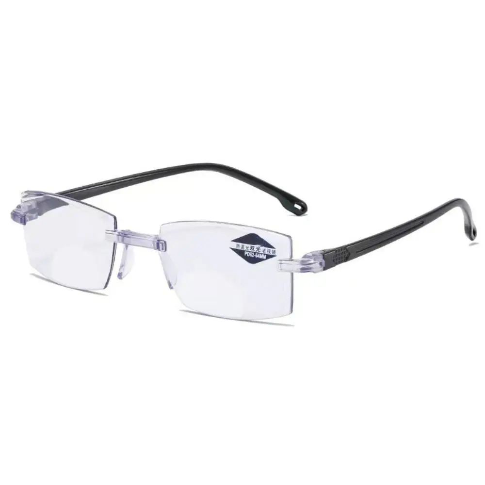 PC Reading Glasses Strength: 1.0~4.0x Black+Blue Blue Light Blocking Glasses Diamond-cut Bifocal Rectangle Rimless Eyeglasses