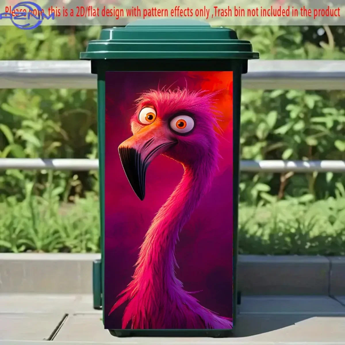 2D/FLAT, Self-Adhesive Dustbin Stickers, 14.57 X 32.28 Inches, Pink Flamingo with Intense Gaze, Feathery Detail, Vivid Magenta