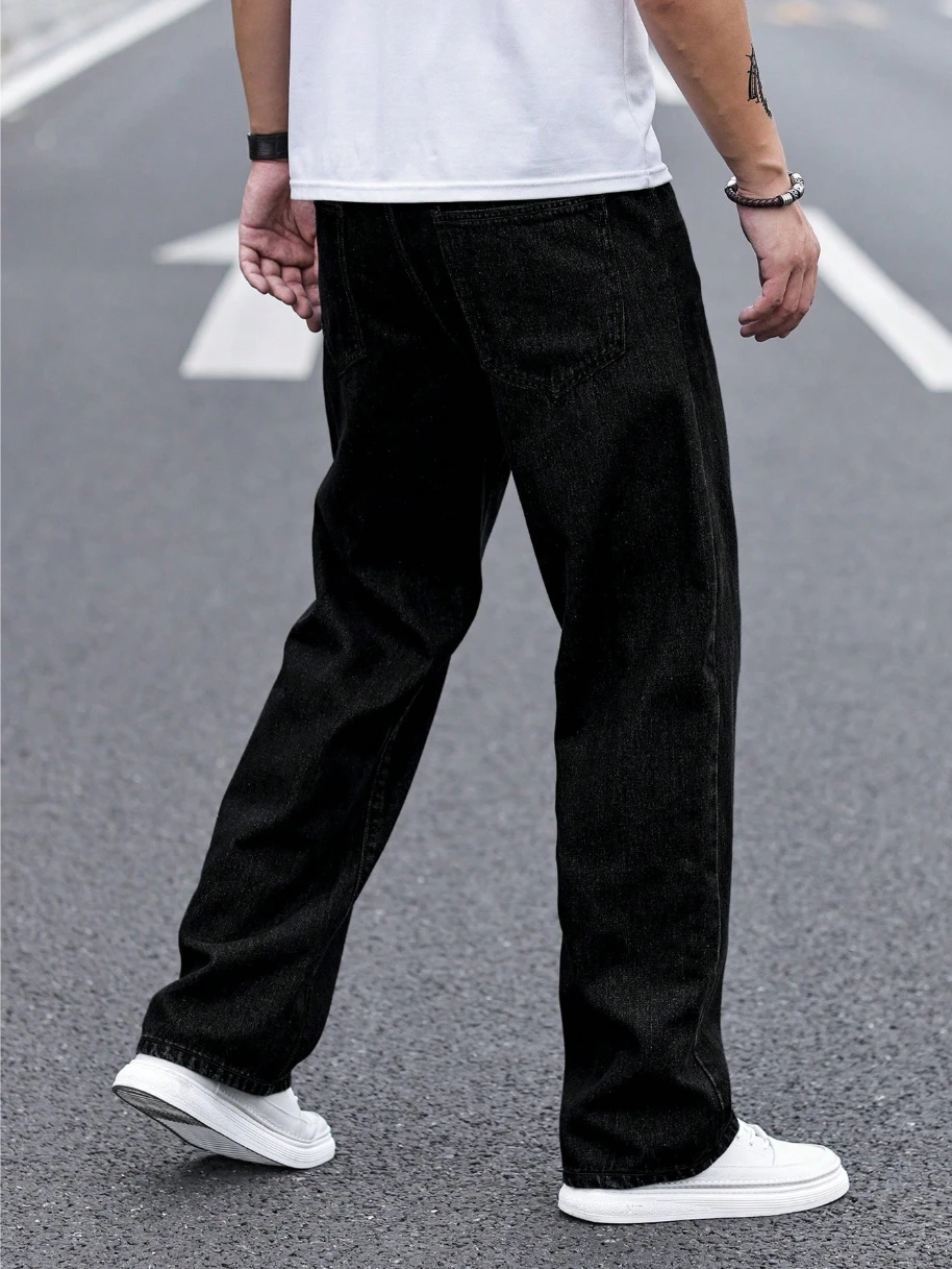 Men's Durable Black Relaxed-Fit Jeans Mid-Waist Comfort Street Style Essential Urban Pants