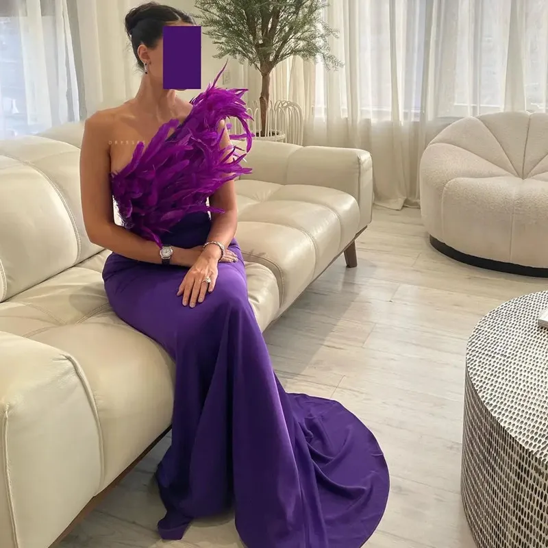 Aleeshuo-vestido de fiesta de sirena de satén morado, vestidos de fiesta con plumas plisadas y un hombro, vestido de fiesta sin mangas, personalizado