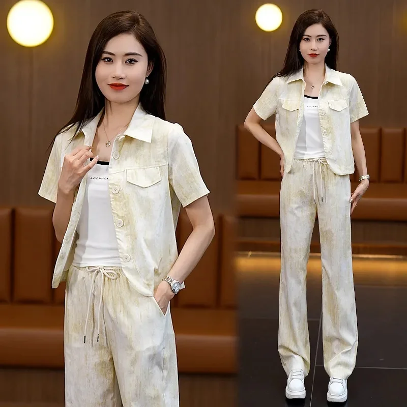 Temperament Women Summer New Casual Fashion Set 2024 Female Age Reducing And Slimming Short Sleeved Wide Leg Pants Two-piece Set