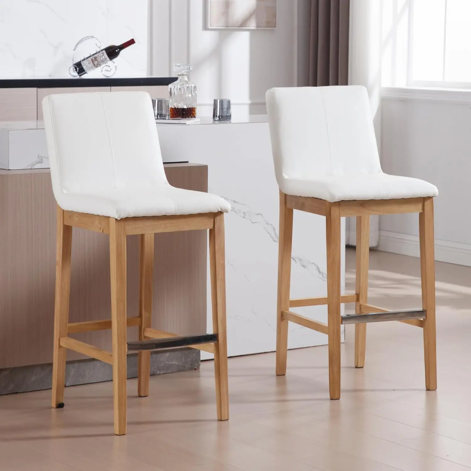 

Bar Stools for Kitchen Island Set of 2 PU Modern Upholstered Barstools with Back 30 Inch Durable Solid Wood Bar Height Stool