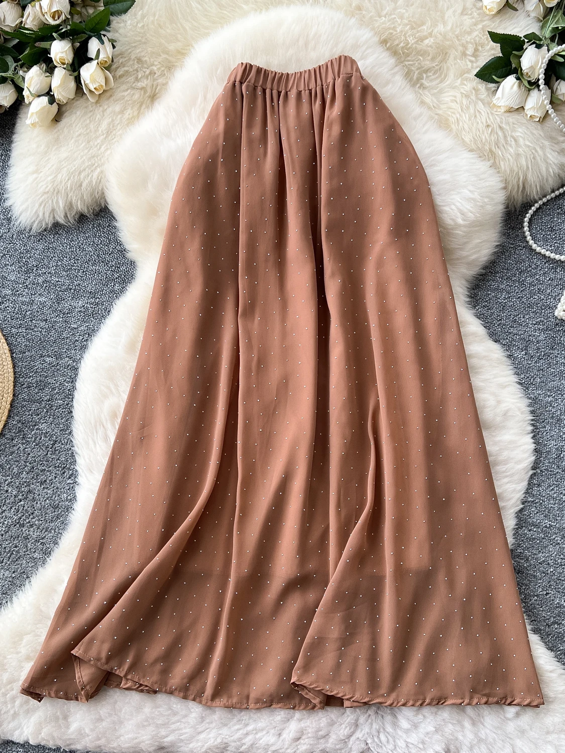 Gonna longuette a trapezio da donna con strass pesanti Ele Gonna longuette estiva a vita alta in chiffon snellente drappeggiato Ci Commute