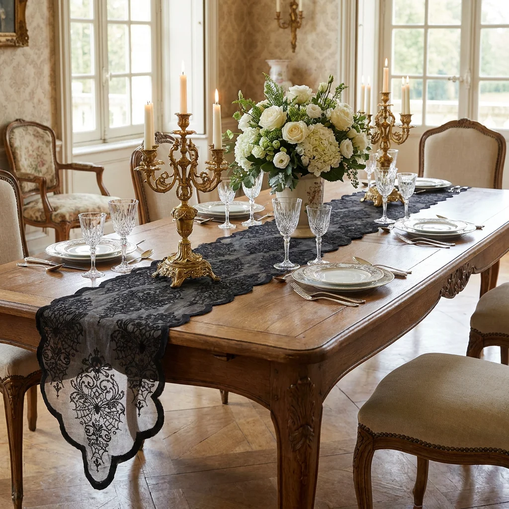 Halloween vintage Baroque Lace Tablecloth, Dark gothic Style Tablecloth, Long Decorative Fabric for Dining Table / TV Cabinet