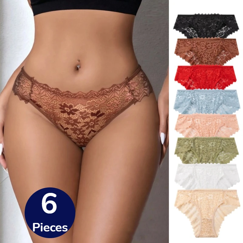 BZEL 6 Stück/Set Damenslips Sexy Spitzenunterwäsche Atmungsaktive Dessous mit Aussparungen Charmante Slips Bequeme Unterhosen Bestseller