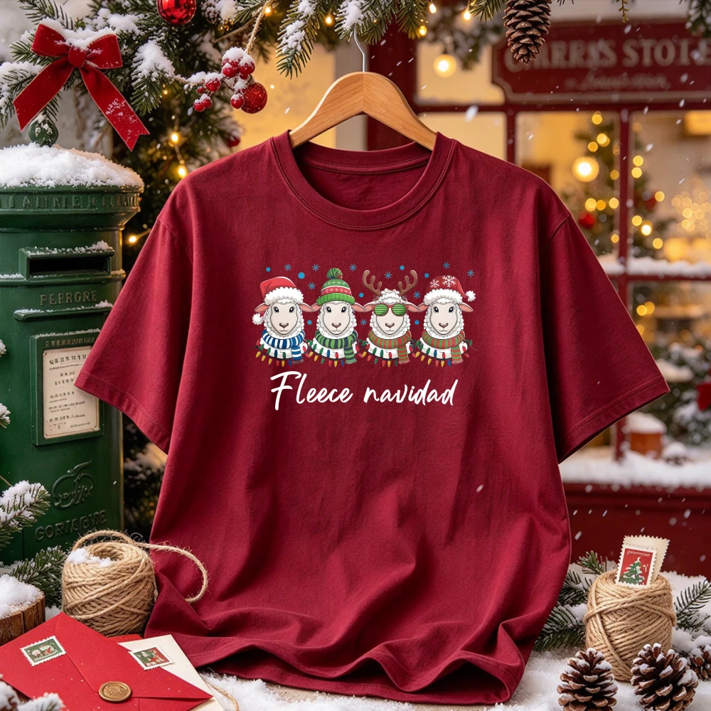 Fleece Navidad Cute Sheep Santa Hat Reindeer Antlers Christmas Lights Graphic Print Tees Funny Xmas Holiday Streetwear T-Shirt