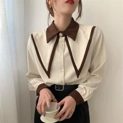 Korean Version Temperament Women's Clothing 2023 Autumn and Winter New Splice Button POLO Collar Long Sleeved Solid Color Shirt