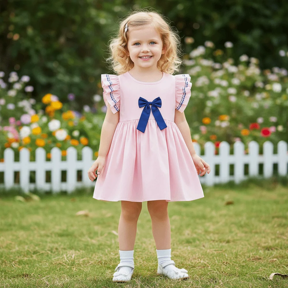 Cotton Girls Dresses Sleeveless Breathable Sundress Dresses Cute Bowknot Ruffle Princess Dresses