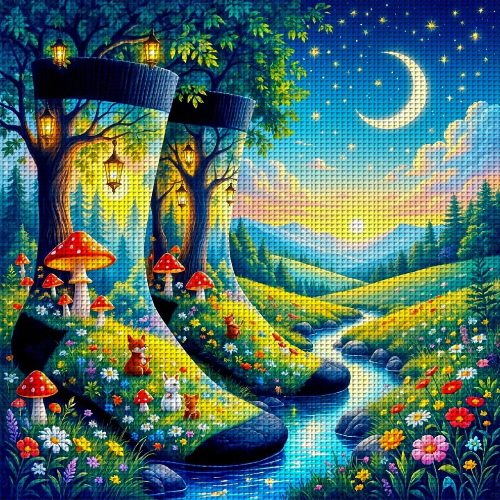 Wald in Stiefeln Kreuzstich-Set DIY 11CT Stickerei Heimwanddekoration Geschenk Handgefertigtes Material Rahmenlos Halbfertig 36×36cm