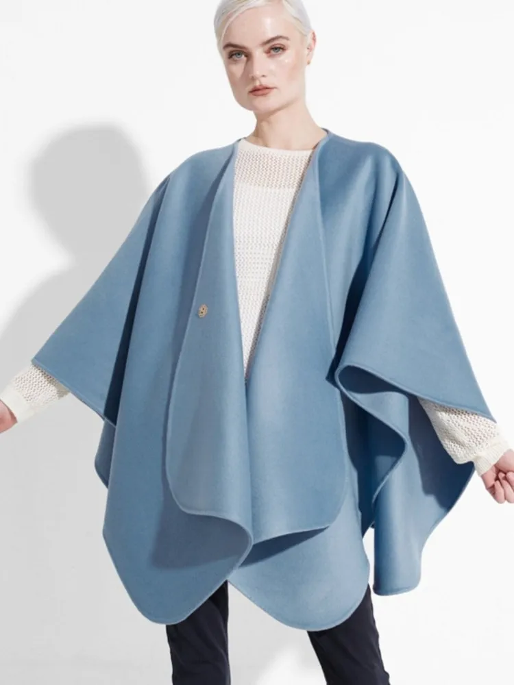 Elegant Office Ladies Woolen Jacket Fashion Designer Loose Fit Solid Color Asymmetrical Medium Long Fashion Women Cloak Coat