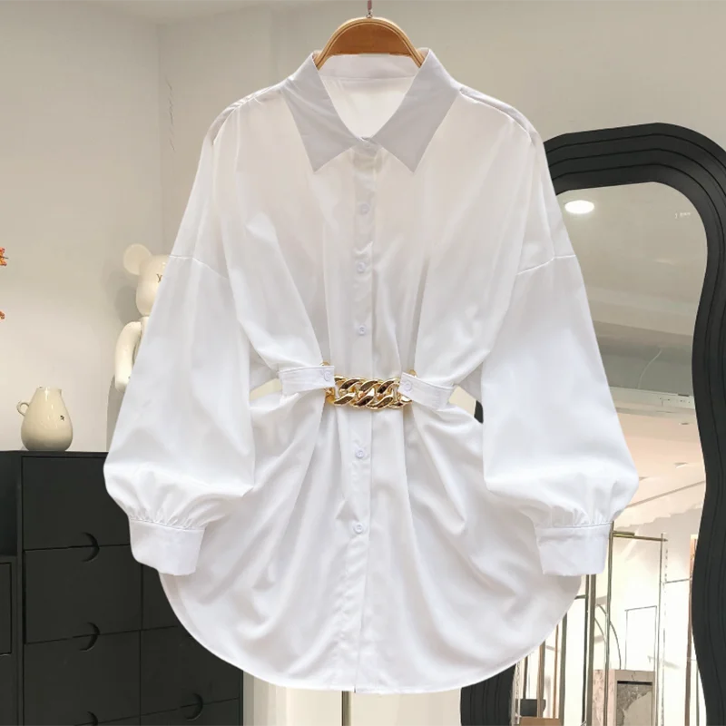 EWQ Fashion Belt Shirt For Women Lapel Collar Long Sleeved Gathered Waist Loose Solid Tops Clothing 2024 Summer New 27X451