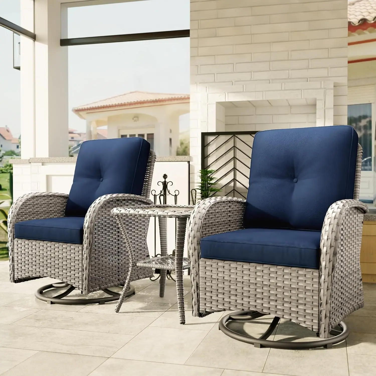 Outdoor Swivel Glider Wicker Chair Set 2 with Side Table, 3 Piece Patio Furniture for Garden Porch, Natural/Blue, Customized