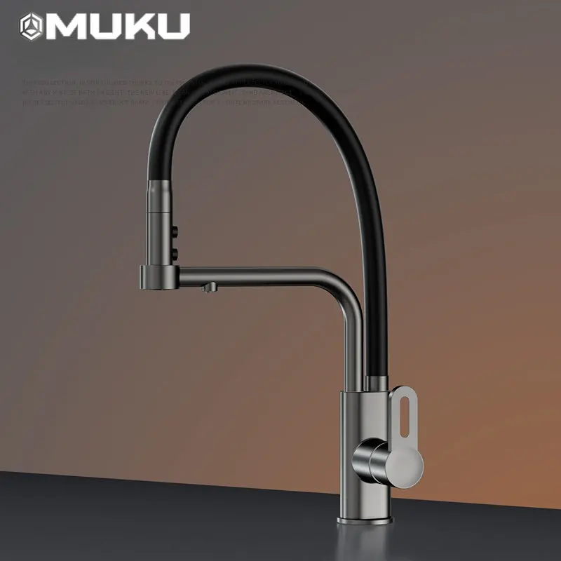 Black Pull-out Kitchen Sink Faucet Lead-Free Copper Two Functions Household Rotating Drinking Water Three-in-One Cleaning Faucet