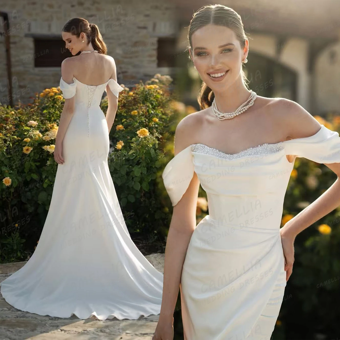 Simple Wedding Dresses Women's Mermaid Sexy Off Shoulder Sleeveless Sweep Train Boat Neck Bridal Gowns Satin Vestidos Customized