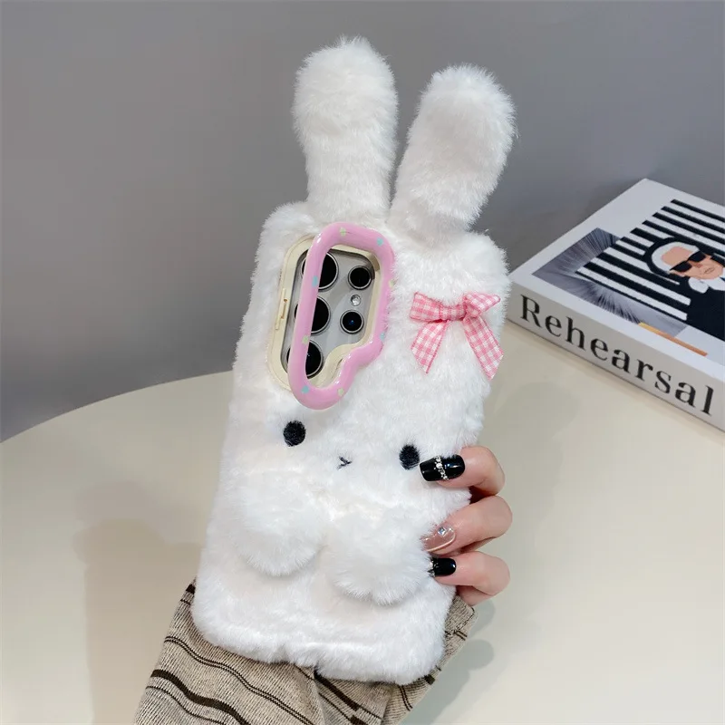 Koren 3D Cartoon Bowknot Rabbit Ears Warm Furry Plush Phone Case For Samsung Galaxy S23 24 25 26 Ultra Plus A57 Shockproof Cover view 5