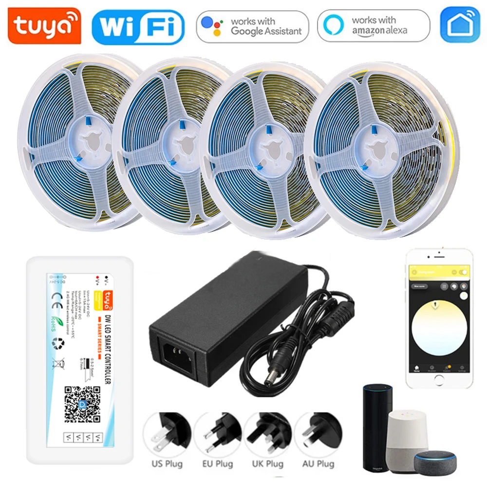 5M-20M Tuya Wifi Waterproof LED Strip Light High Density Tape Flexible 3000K-6000K FOB COB Light DC24V 320led/M for Room Decor