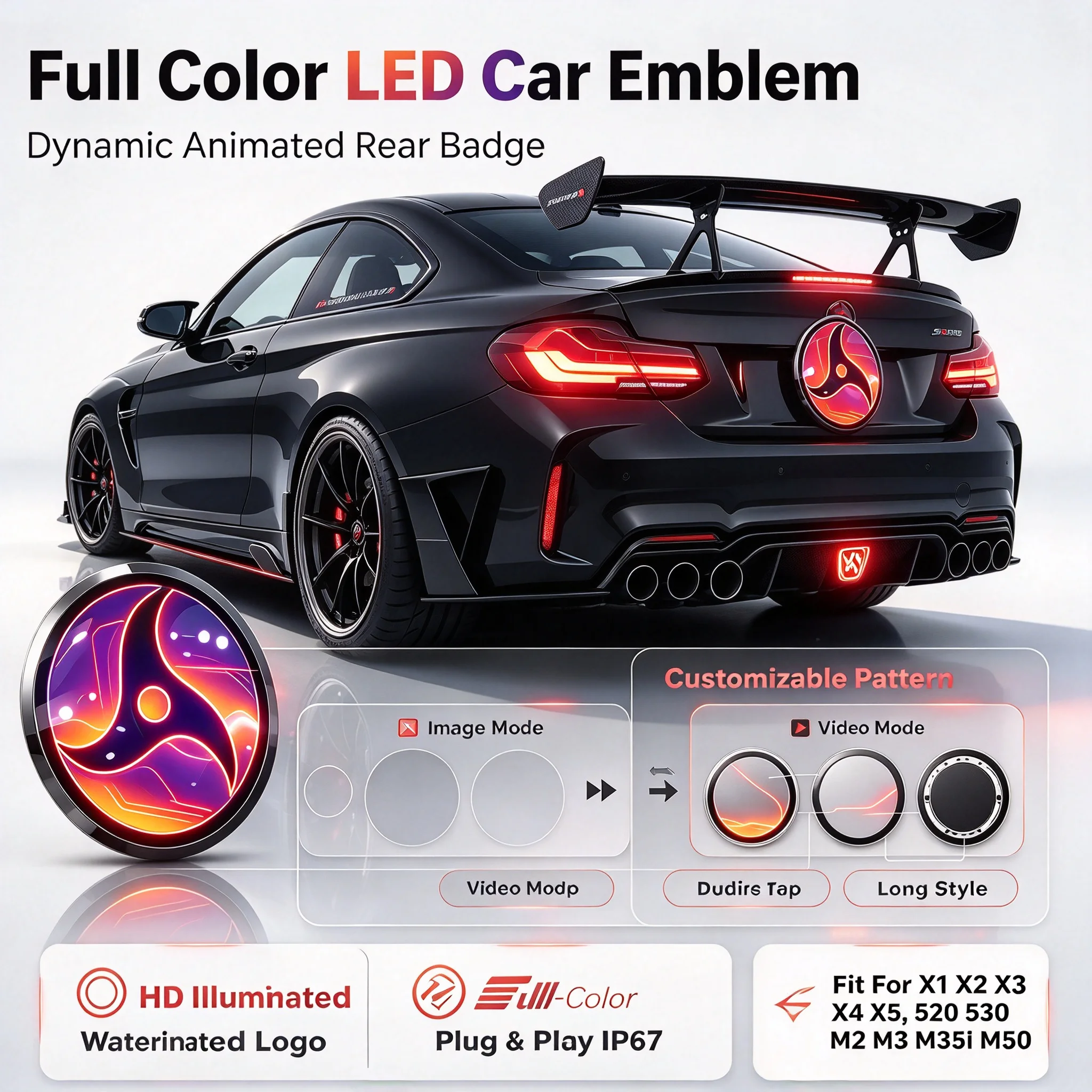 New Dynamic LED Animated Rear Car Emblem, Ultra-thin HD Illuminated Logo Badge Fit BMW X1 X2 X3 X4 X5 , 520 530 M2 M3 M35i M50