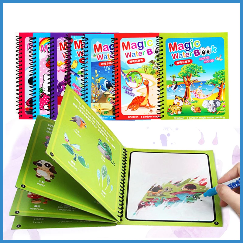 Libros mágicos de agua para colorear para niños pequeños, juguete educativo de dibujo reutilizable, con bolígrafos de agua, Wow