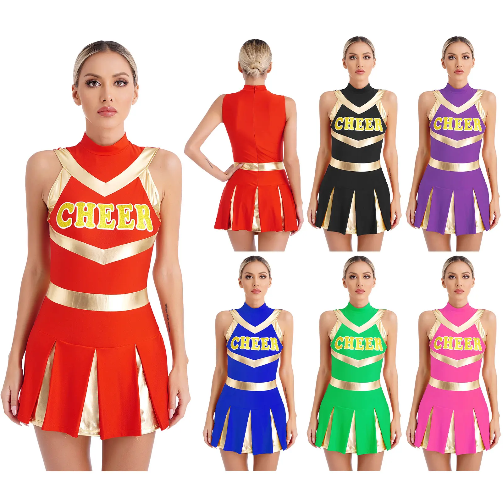 Womens Shiny Cheerleading Uniform Sleeveless Pleated Print Dress Youthful Schoolgirl Cheer Squad Dress Halloween Costumes