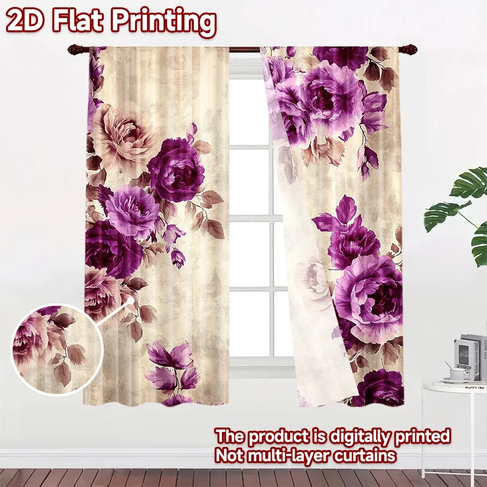 2D flat 2pcs Curtain Retro Country Style Purple Rose Bouquet Digitally printed polyester, colorfast Festive Curtains for Photo